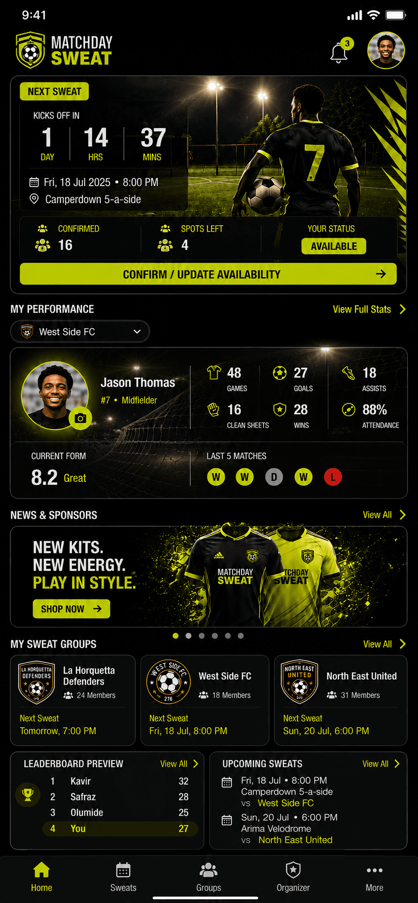 Matchday Sweat mobile home dashboard showing an upcoming game and player performance