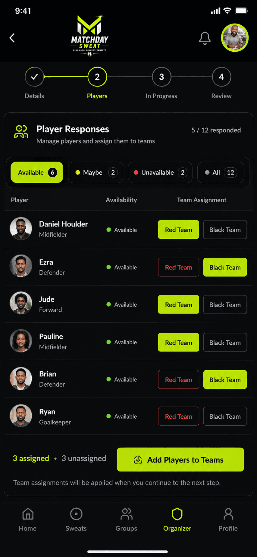 Organizer player response and team assignment screen